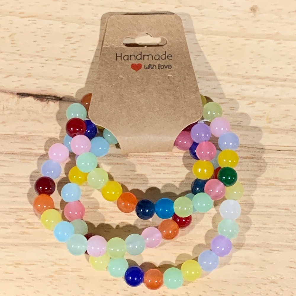 Handmade Beaded Bracelet Women OS Rainbow Glass Stretch Boho 3pc Set